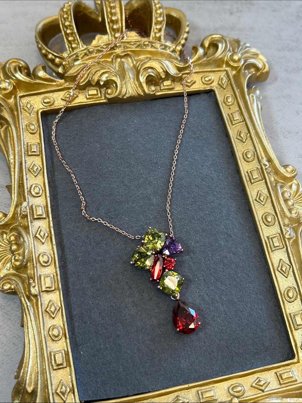 Multicolor Crystal Teardrop Pendant Rose Gold Tone Necklace